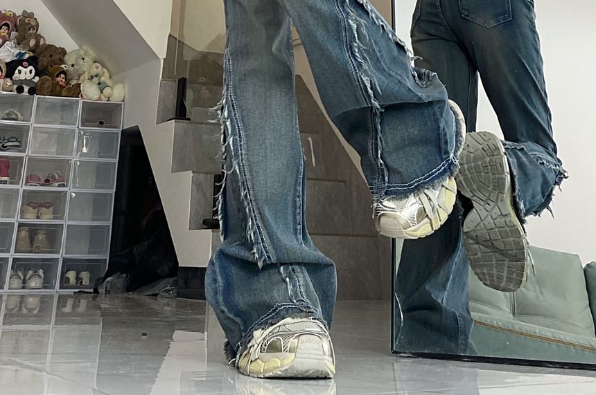 2DAWGS - Mid Waist Fringed Washed Bootcut Jeans