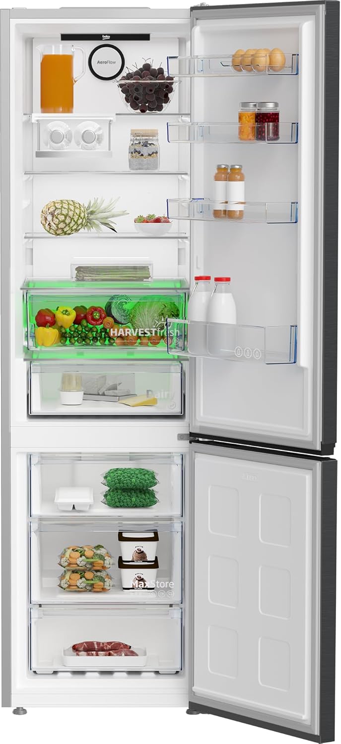 Beko B7RCNA407HXBR bPRO 700 freistehende Kühl-/Gefrierkombination, großer Kühlschrank, 355 l, NoFrost, AeroFlow, Smooth Fit: 90 Grad Türöffnung, Kühl-Gefrier-Multizone, HarvestFresh, Dark-Inox