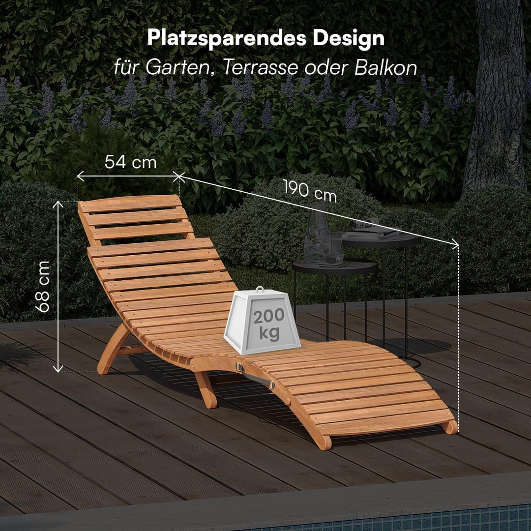 STEELSØN Gartenliege Ophira aus Holz, klappbare Sonnenliege, Holzliege wasserfest, Saunaliege mit Verstellbarer Kopfstütze, Akazienholz geölt, bis 200 kg belastbar