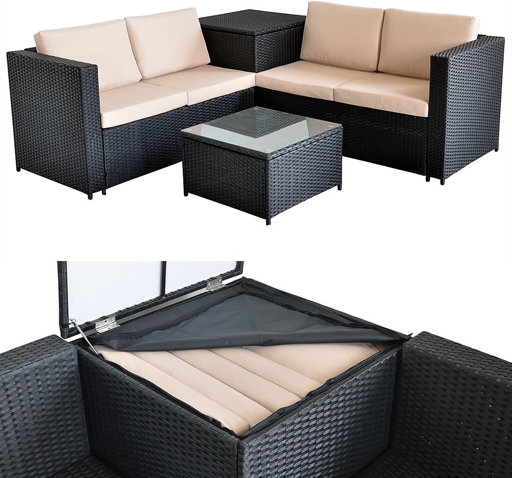 Melko Polyrattan Lounge Ecksofa 185x185CM Sitzgarnitur Balkon Gartenlounge inkl. Auflagebox