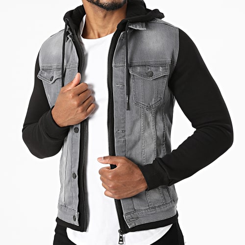Veste Jean A Capuche GJ-3023 Gris Noir