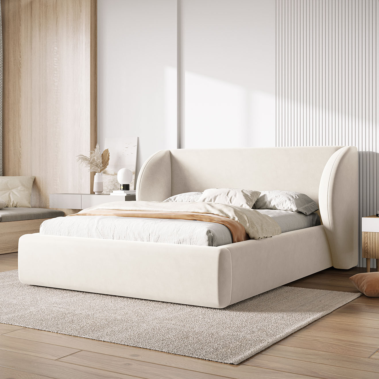 Micadoni Lit Coffre en Velours avec Tête de Lit Miley beige clair - 230x227x100 cm