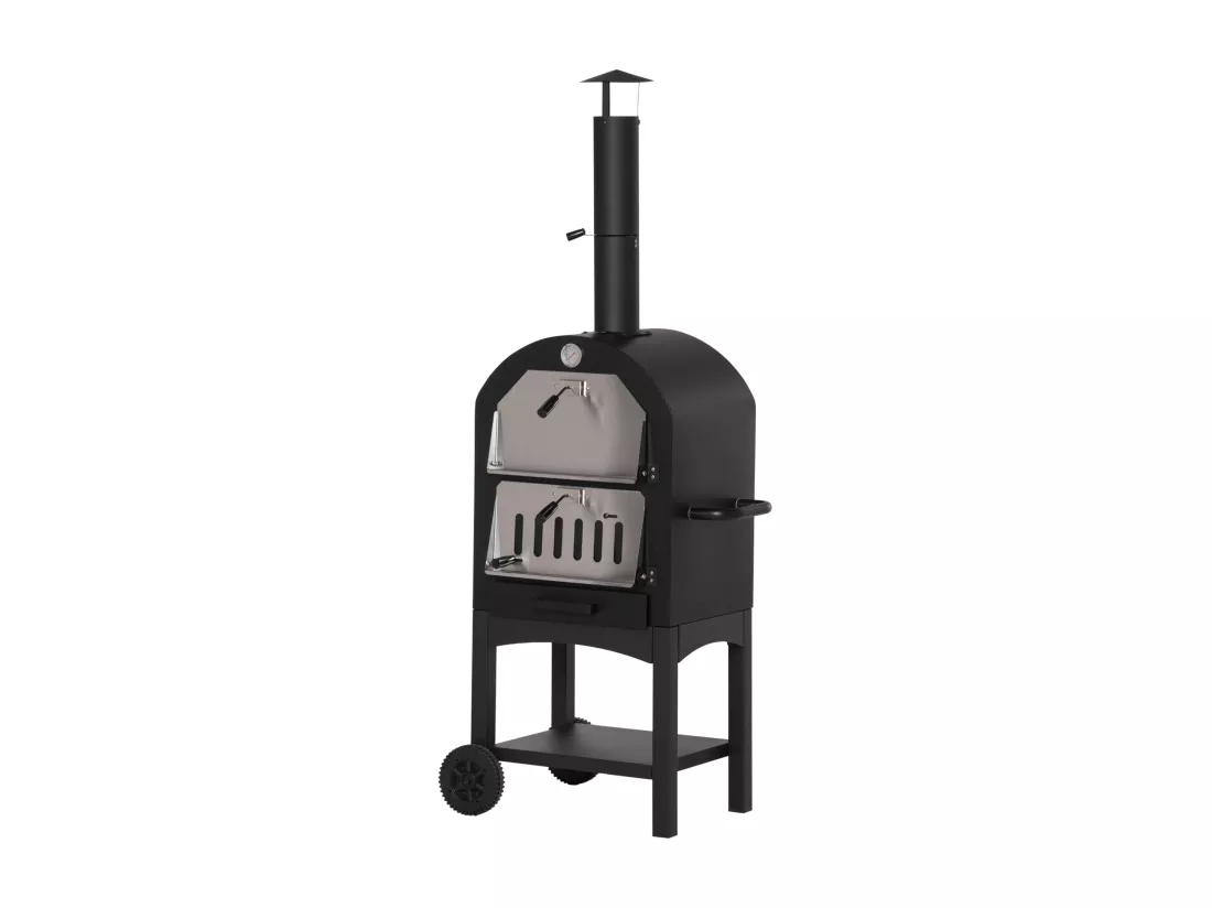Four à pizza extérieur au charbon de bois - barbecue sur roulettes - four à bois - pierre réfractaire - cheminée, jauge température - acier au carbone noir gris
