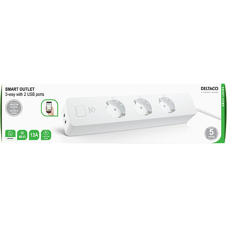 Deltaco Smart stikdåse med 3 stik og 2 USB-porte - hvid