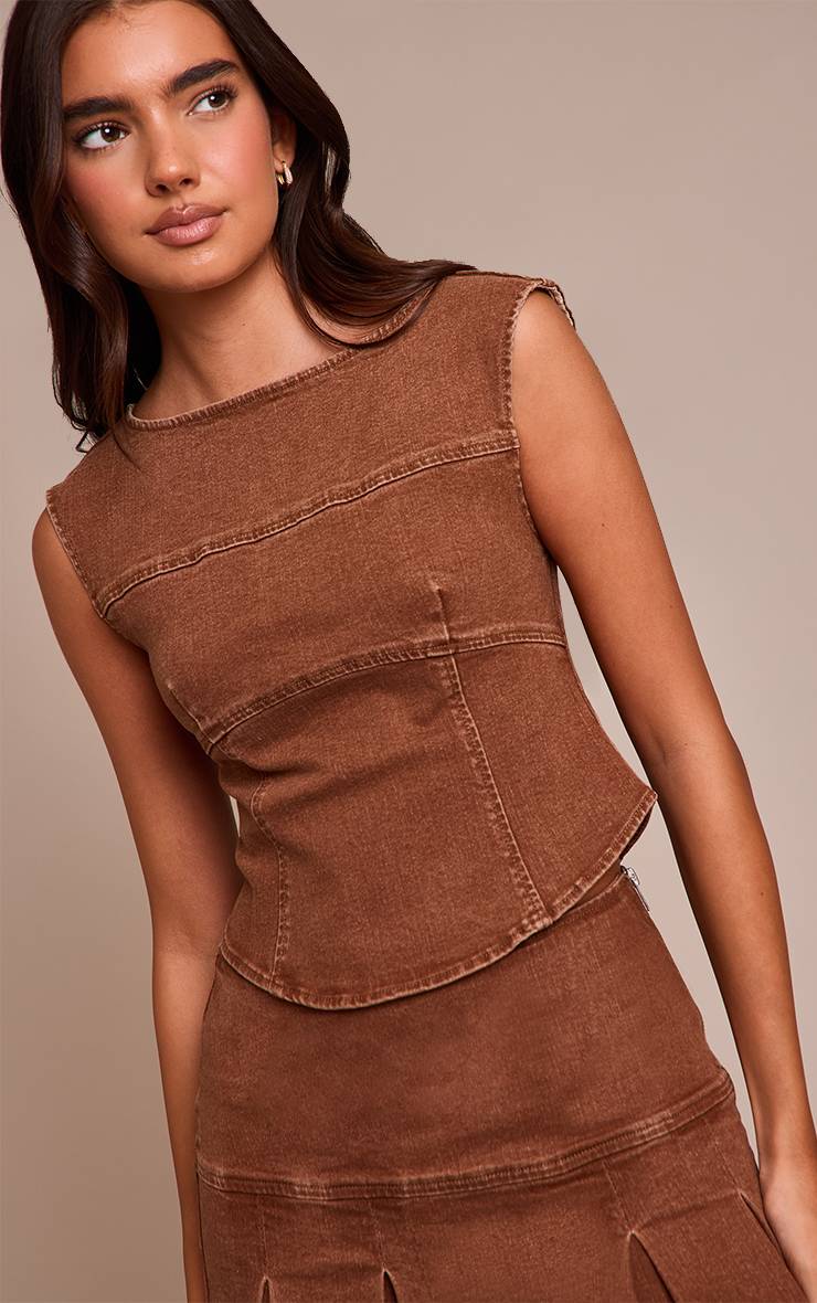 Marron Top Corset En Denim À Encolure Bateau