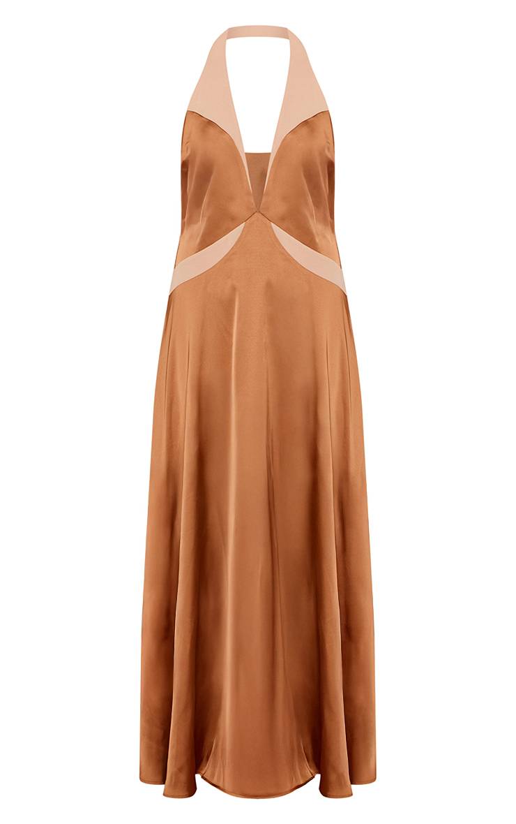Bronze Robe Longue Satinée Dos Nu À Col Licou Avec Empiècements Contrastés