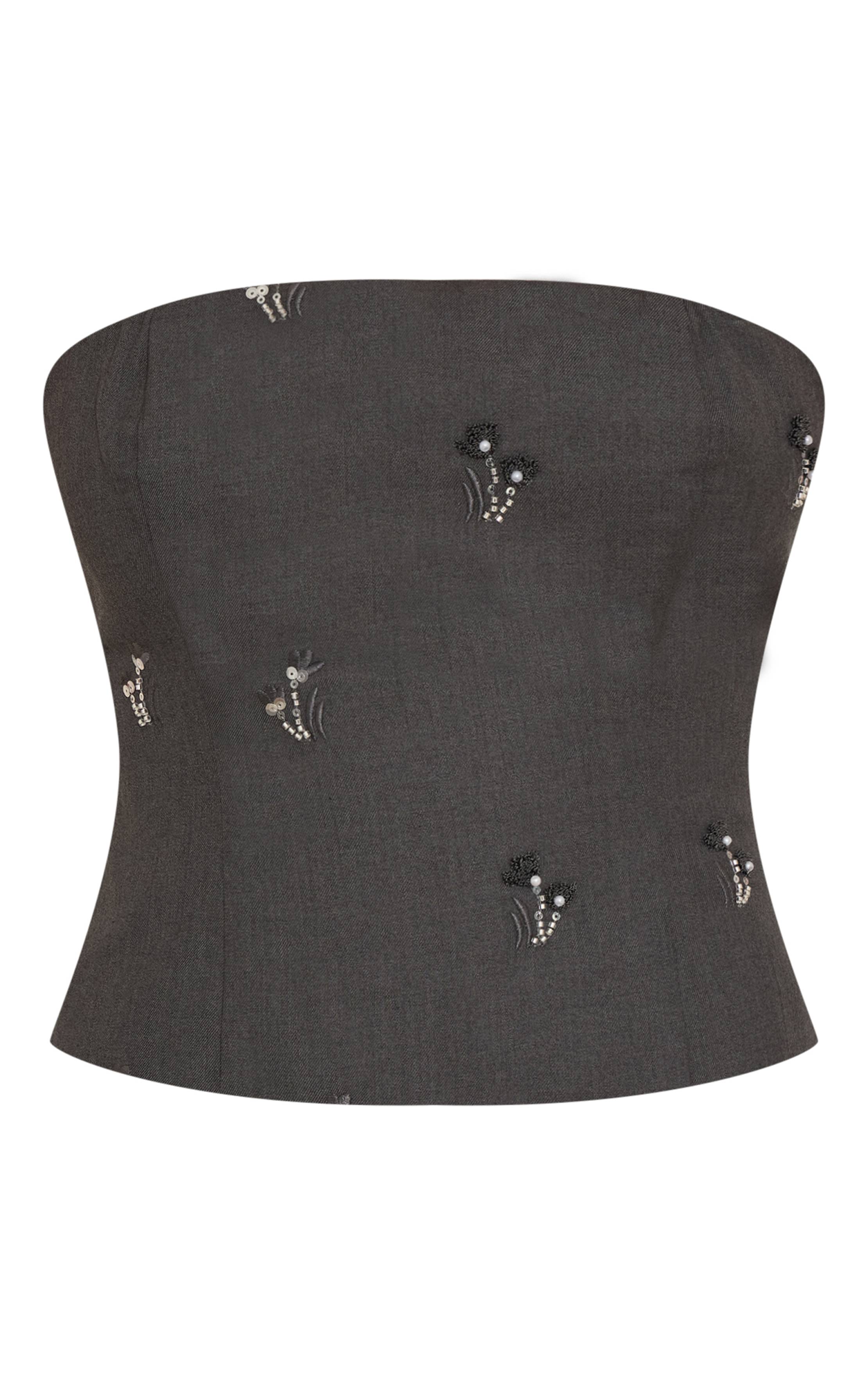 Charcoal Grey Top Corset Tissé Brodé À Détails De Sequins