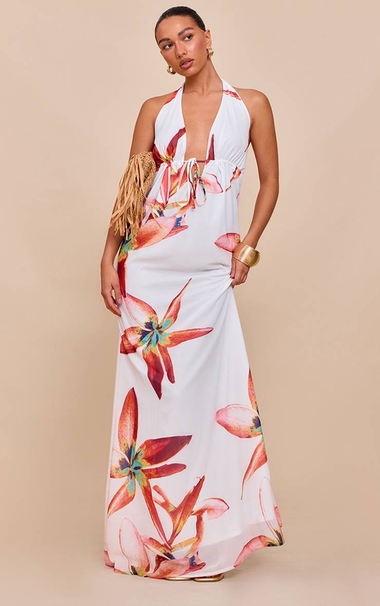 Crème Robe Longue Imprimée À Décolleté Plongeant Avec Détail Noué
