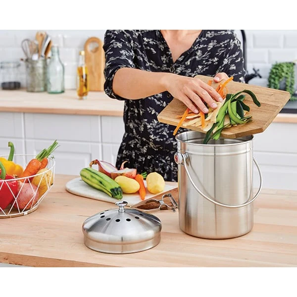 Lot seau à compost en inox 5 L et 4 filtres à charbon antiodeurs Matho