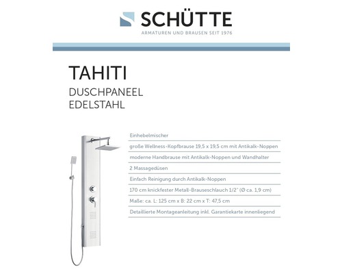 Douchepaneel inclusief eengreepsmengkraan Schütte Tahiti roestvrij staal