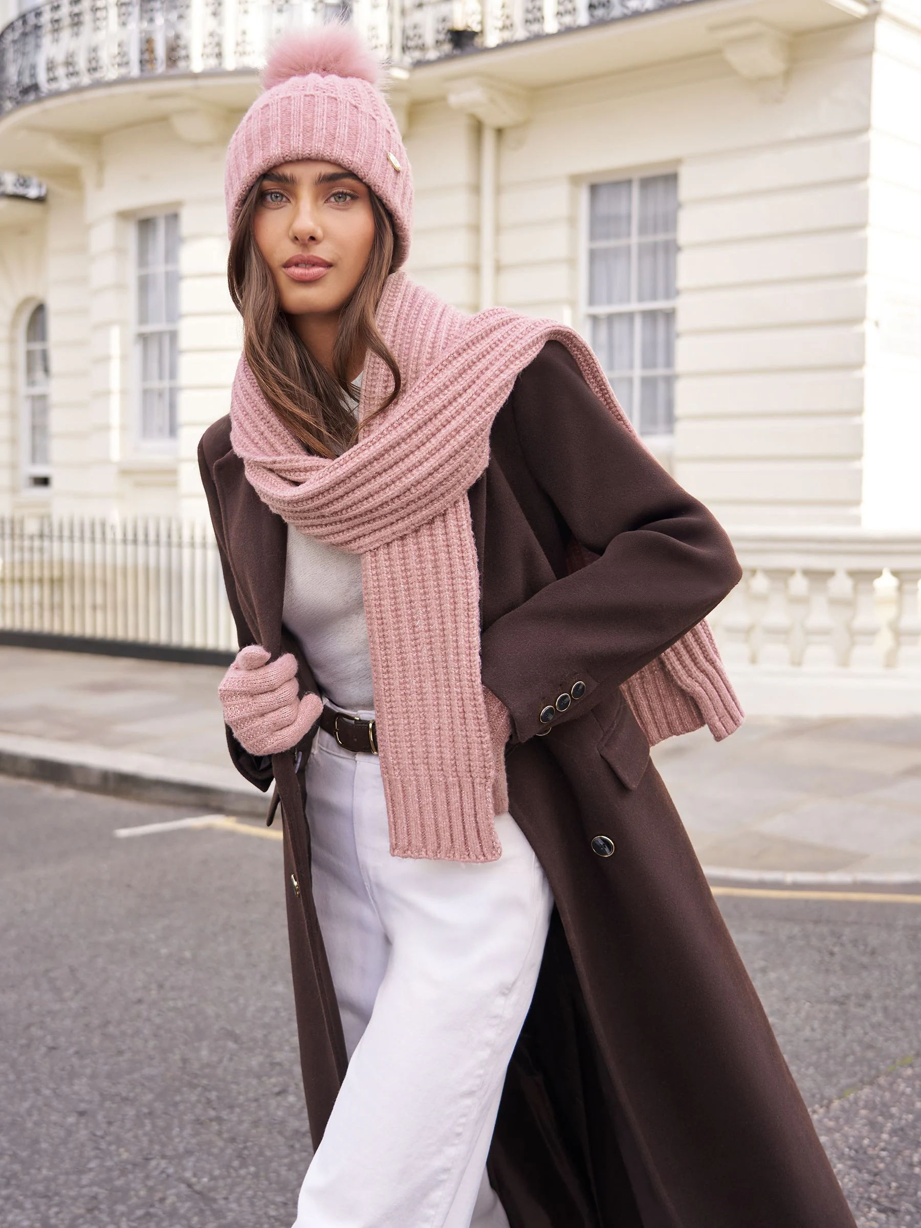 Roze - Lipsy Shimmer Ribbed Pom Hat