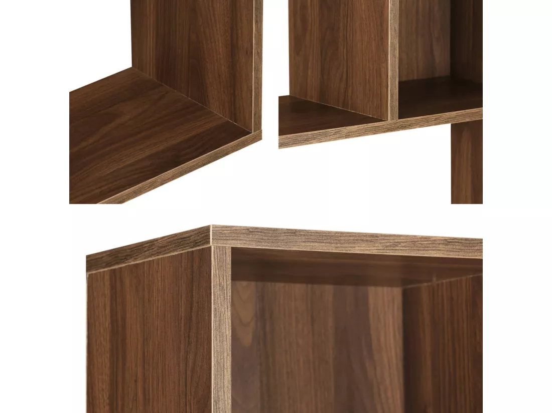 Bibliothèque design asymétrique couleur bois foncé noyer– Pieter – 5 étagères. 10 compartiments de rangement. 83x23x173cm