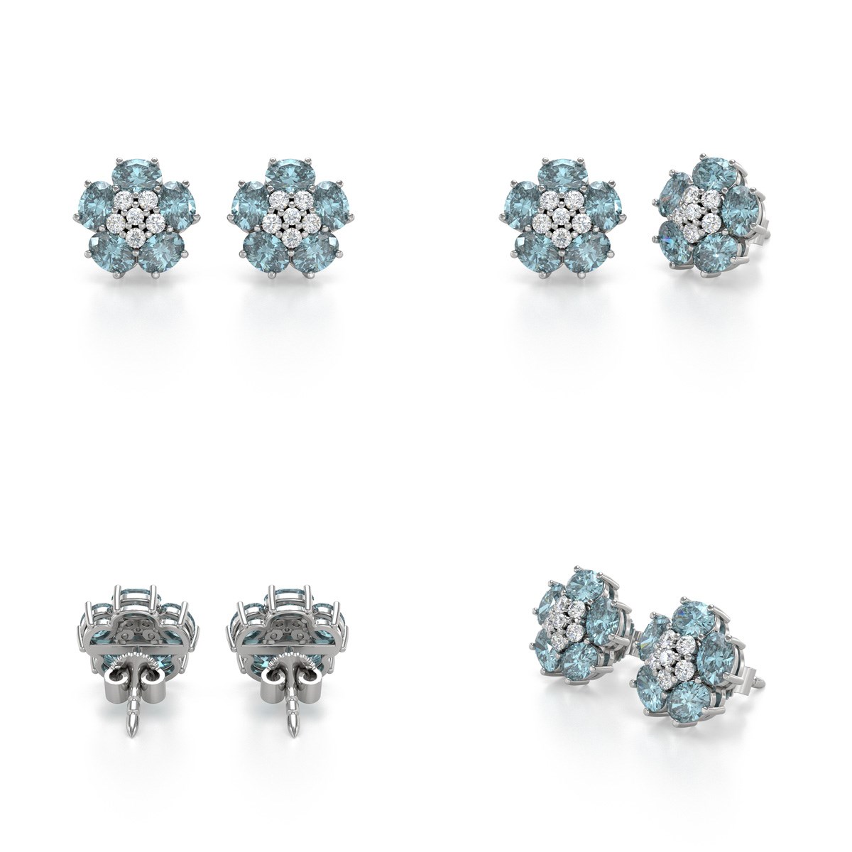Boucles d'oreilles ADEN Or 585 Blanc Aigue-Marine Fleur et Diamants 2.86grs