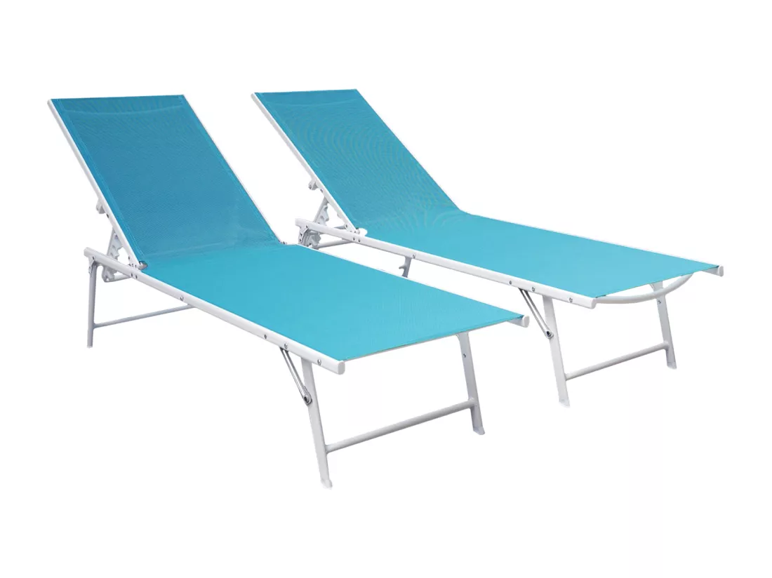 Lot de 2 bains de soleil pliants SICILIA en textilène bleu - structure blanche - HAPPY GARDEN