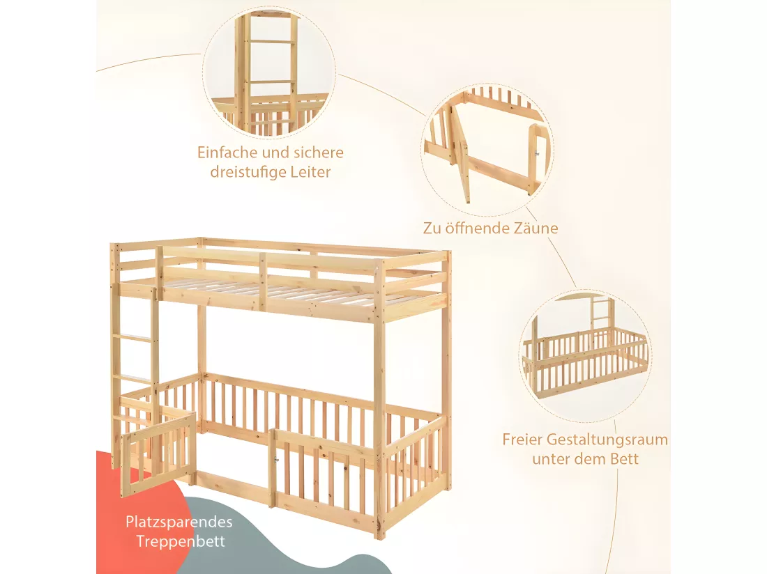 Lit superposé cabane en bois - échelle - sommier à lattes - 90x200cm - naturel - Sweiko