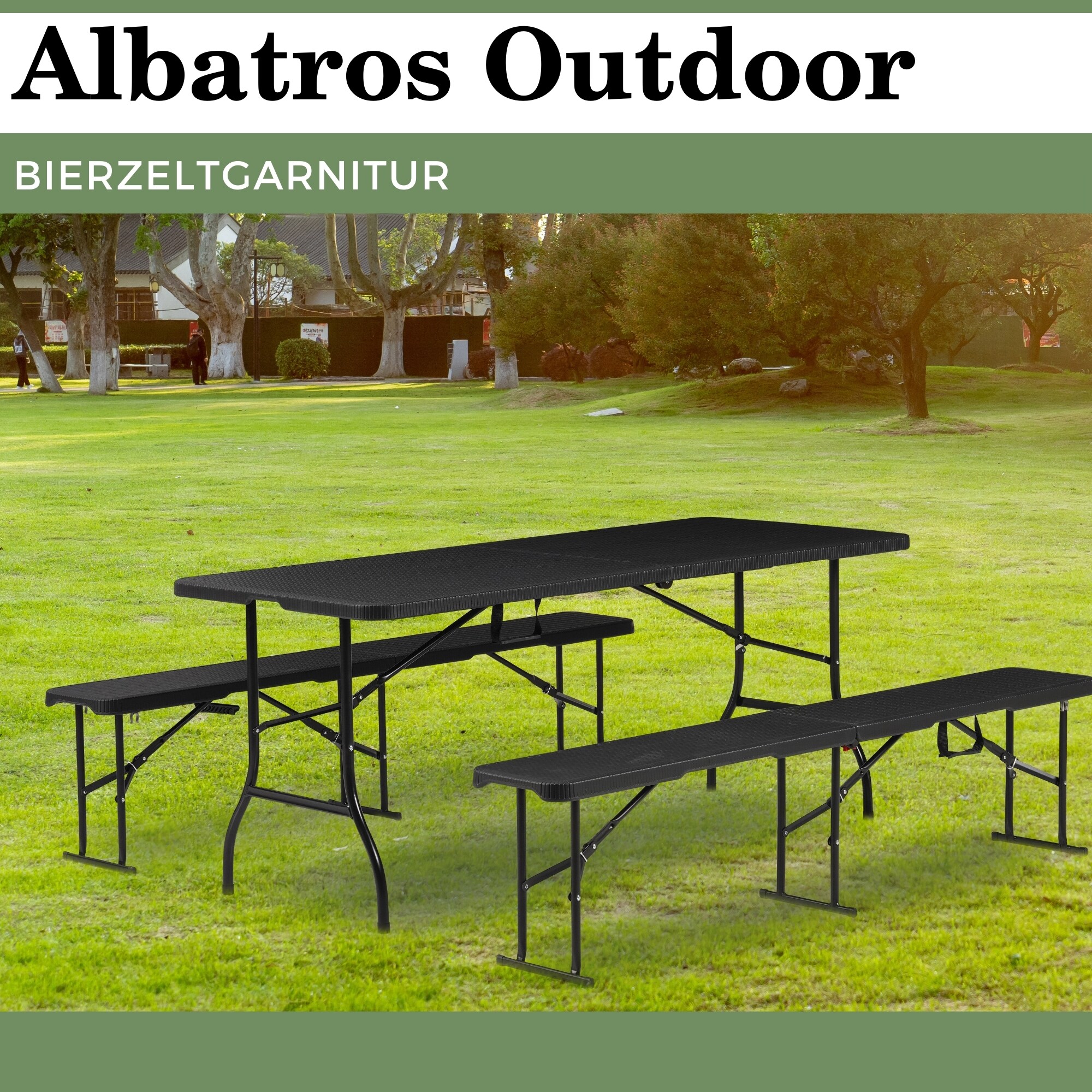 Albatros Bierzeltgarnitur Rattan – robuste Biertischgarnitur Klappbar und hohe Tragkraft – Set aus 2x Bierbank und 1x Biertisch für bis zu 10 Personen – Bierbankgarnitur