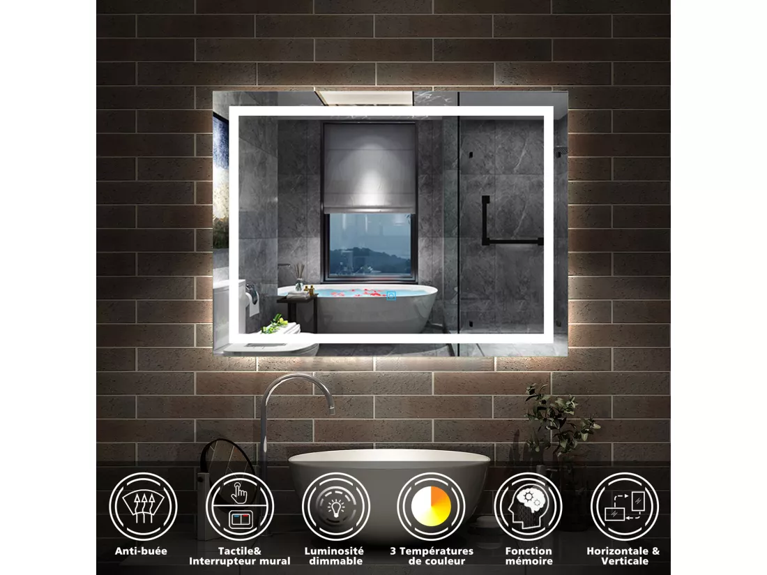 AICA Miroir LED Salle de Bain 80x60cm Dimmable avec 3 couleurs， Anti-Buée et Fonction Mémoire