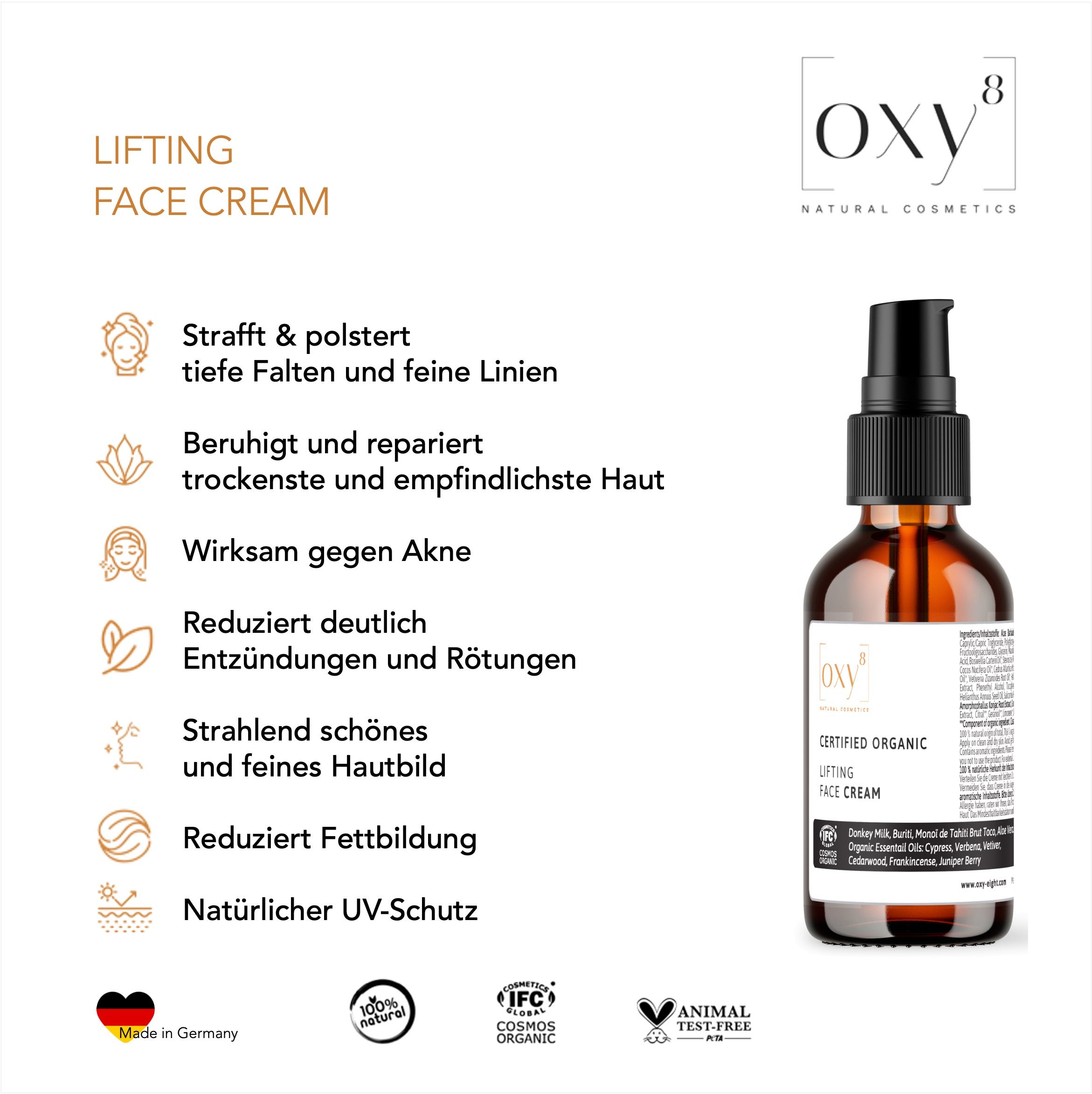 oxy8 Naturkosmetik LIFTING FACE CREAM - Anti Aging. Beruhigt empfindlichste & trockenste Haut.