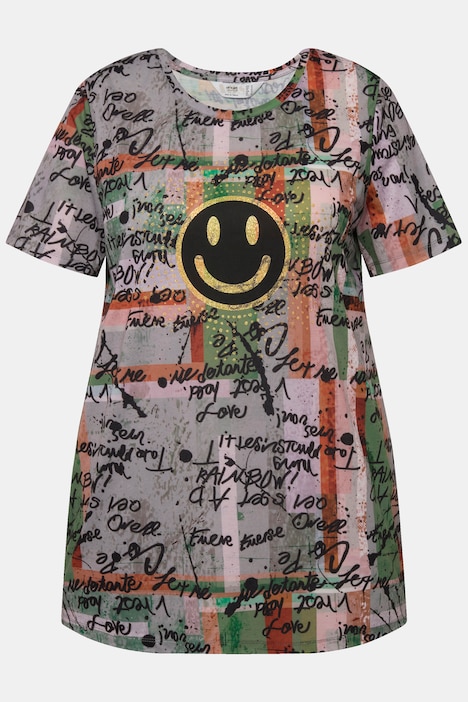 T-Shirt, oversized, Scribble-Muster, Smiley, Rundhals, Halbarm
