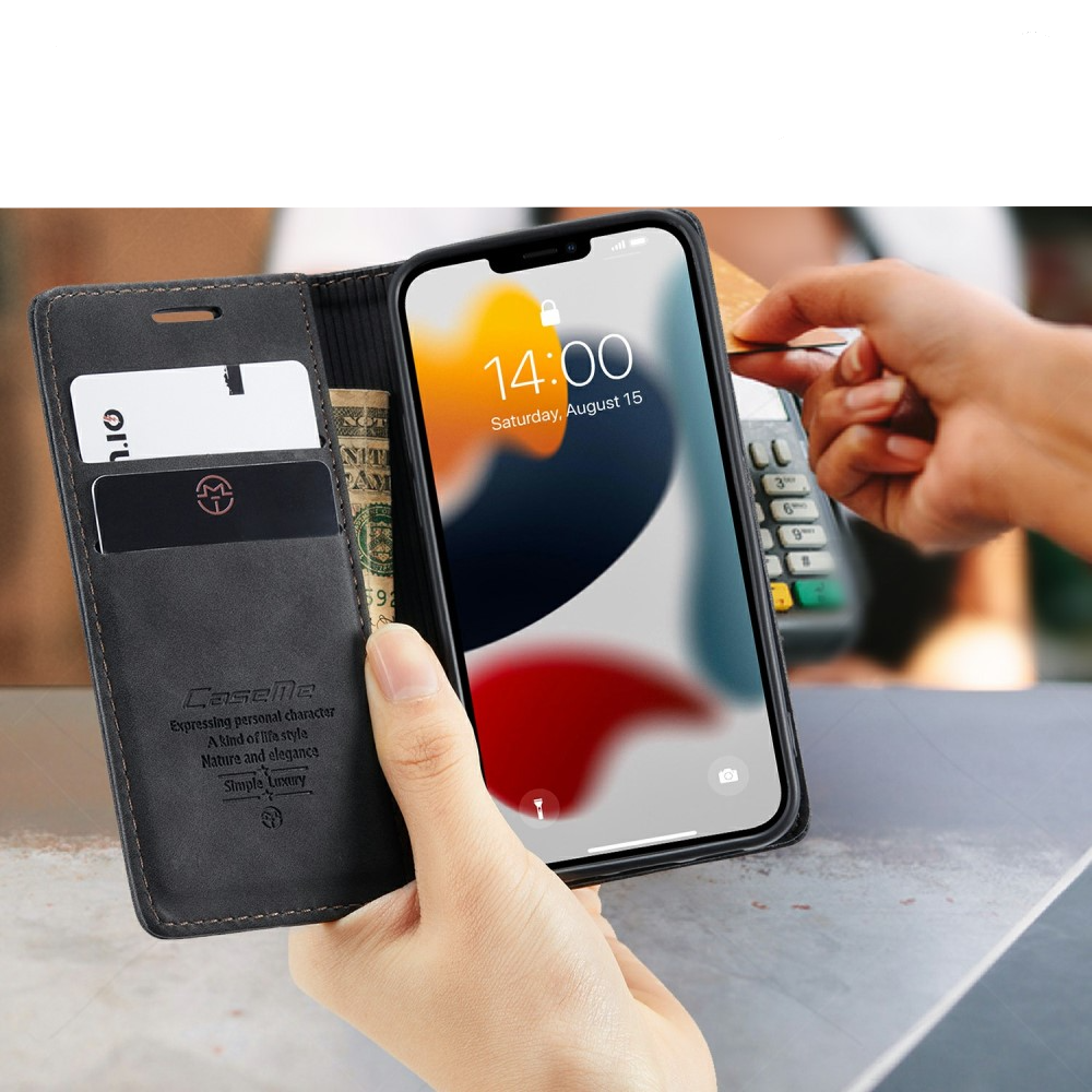 iPhone 13 Leder Tasche Flip Wallet Etui mit Kartenfächern - Schwarz