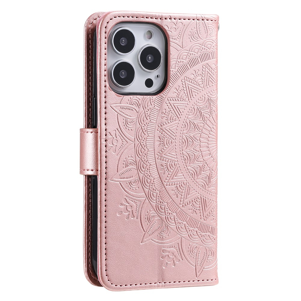 iPhone 15 Pro Leder Tasche Wallet - Mandala Flowers Imprint - Roségold