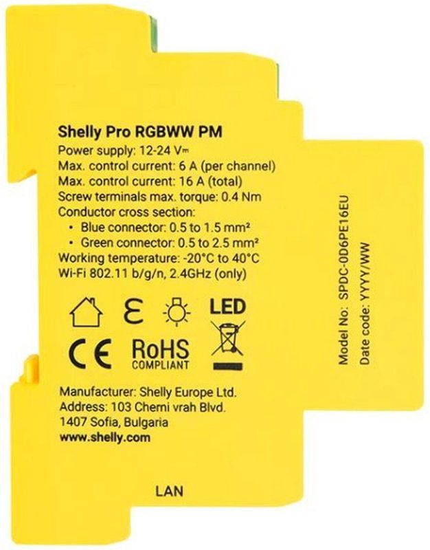 Shelly Pro RGBWW PM - Slimme LED-controller - Vijfkanaals - DIN-railmontage