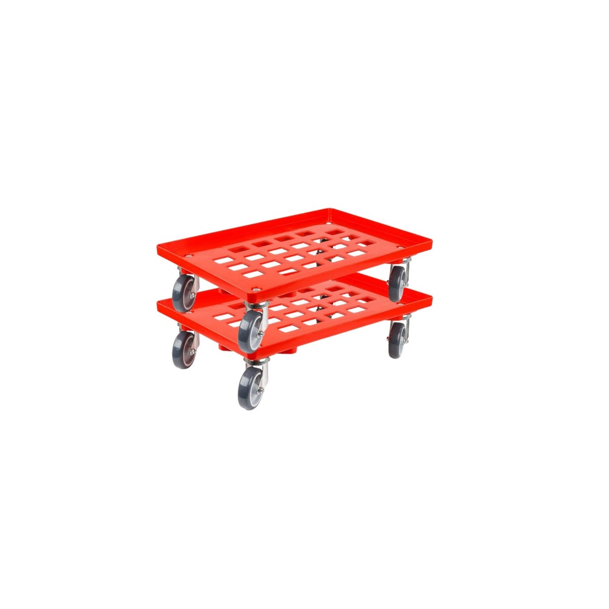 PROREGAL Voordeelset 2x Transportwagens voor Euroboxen 60 x 40 cm met Rubberen Wielen, Rood, Roostervloer, 2 Zwenkwielen en 2 Bokwielen, Draagvermogen 300 kg