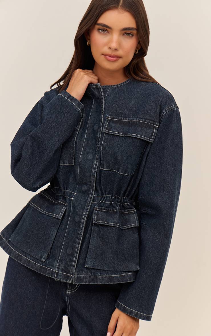 Bleu Indigo Veste En Jean Cintrée À Col Rond Et Poches Sur Le Devant