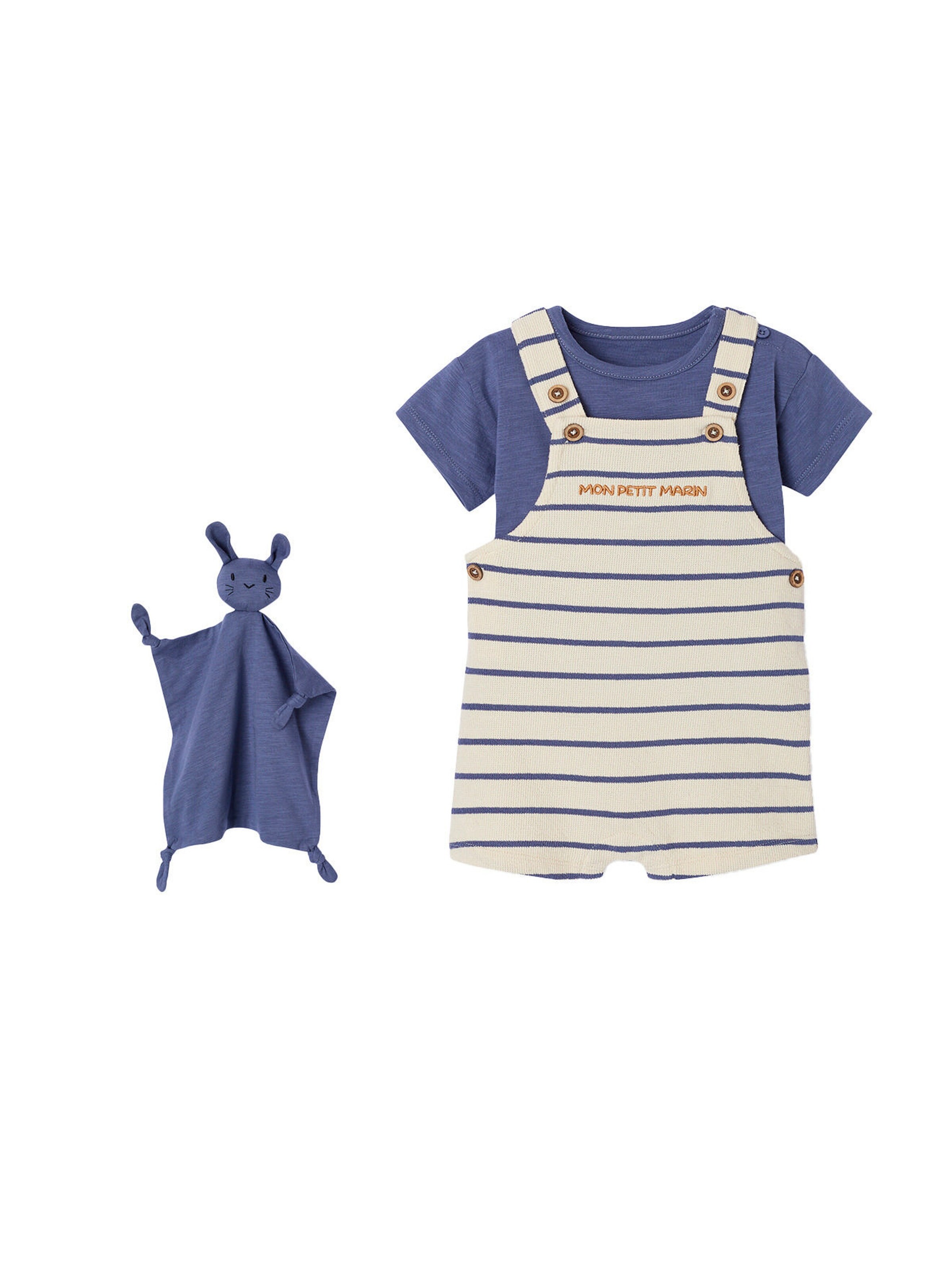 Vertbaudet Baby Geschenk-Set: T-Shirt, Latzshorts & Schmusetuch blau gestreift