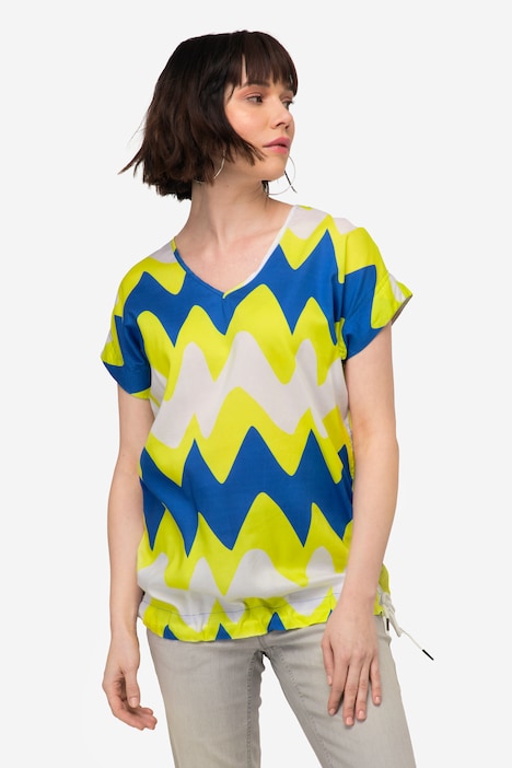 Bluse, oversized, Zackenmuster, V-Ausschnitt, Halbarm