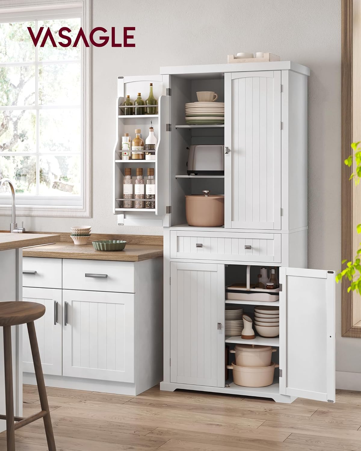 VASAGLE Küchenschrank, Hochschrank Küchenbuffet Vitrinenschrank, Buffetschrank mit Verstellbaren Ablagen, Esszimmerschrank mit Schubladen, für Wohnzimmer Küche, 40 x 76 x 182,1 cm, Weiß BBC561W21