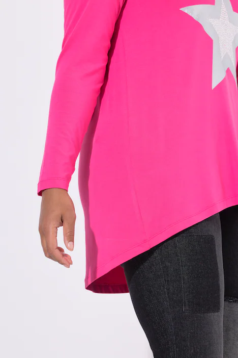 T-Shirt, A-Linie, Metallic Stern, Langarm, hibiskuspink