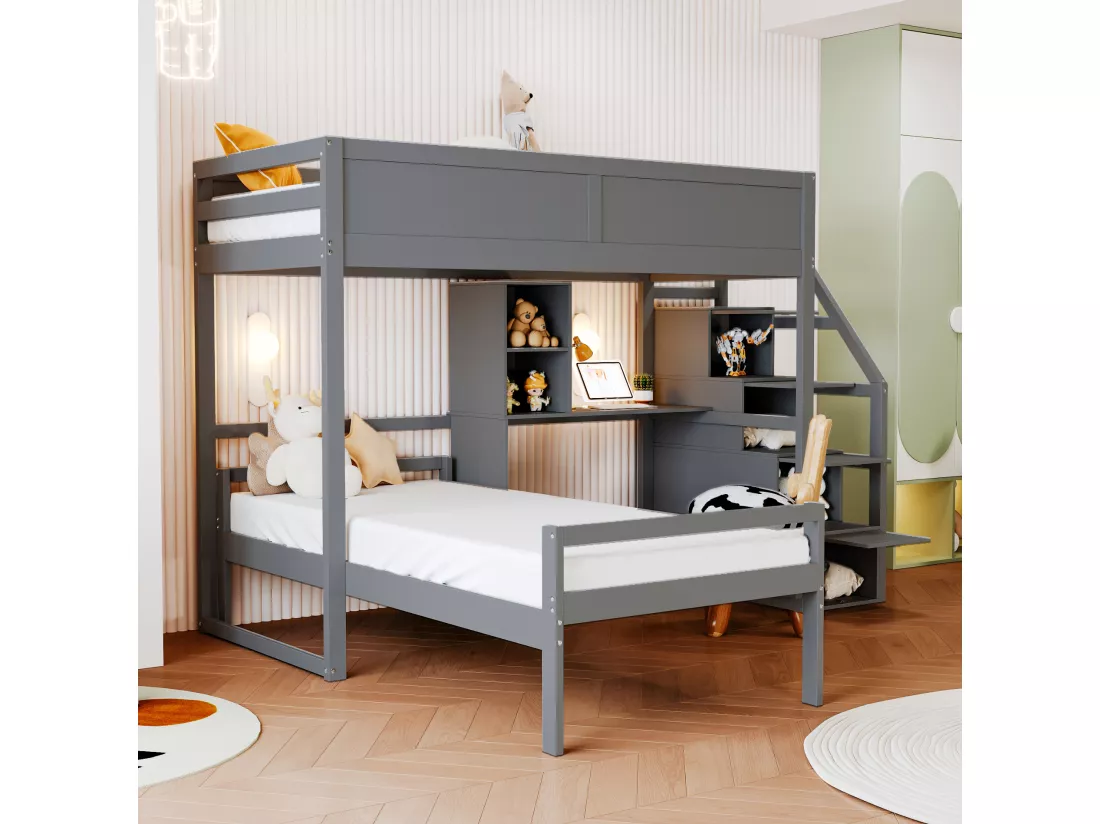 Lit superposé 90x200cm en bois massif - avec escalier de rangement et bureau - Gris