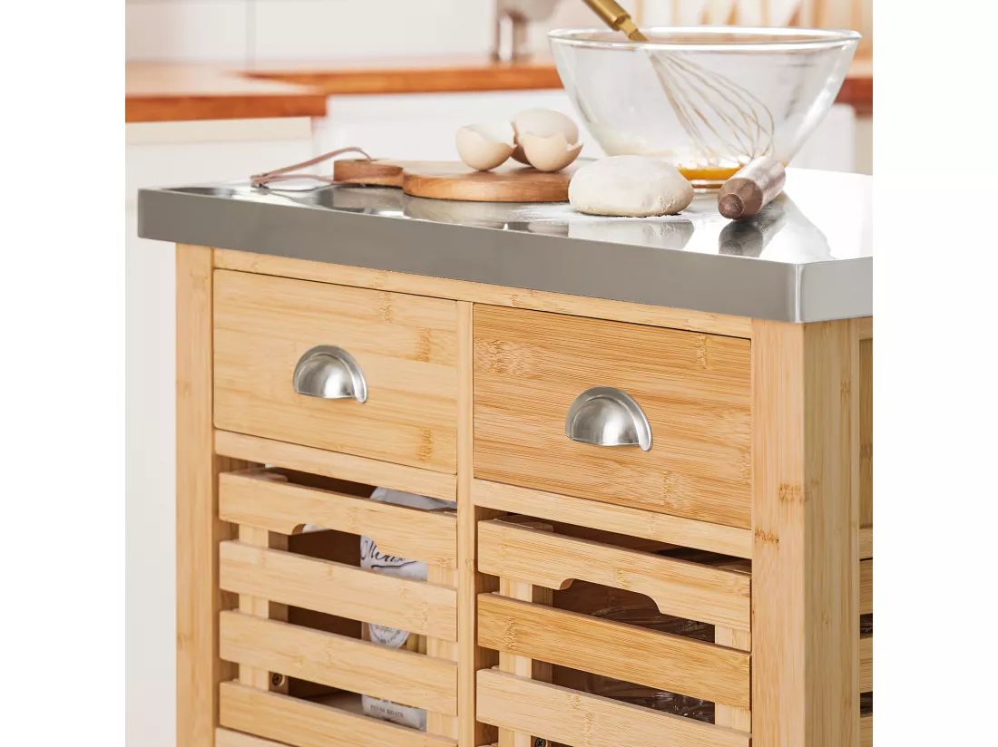 Desserte Sur Roulettes Armoire De Rangement En Bambou Plan De Travailen En Acier Inox, Fkw40-n