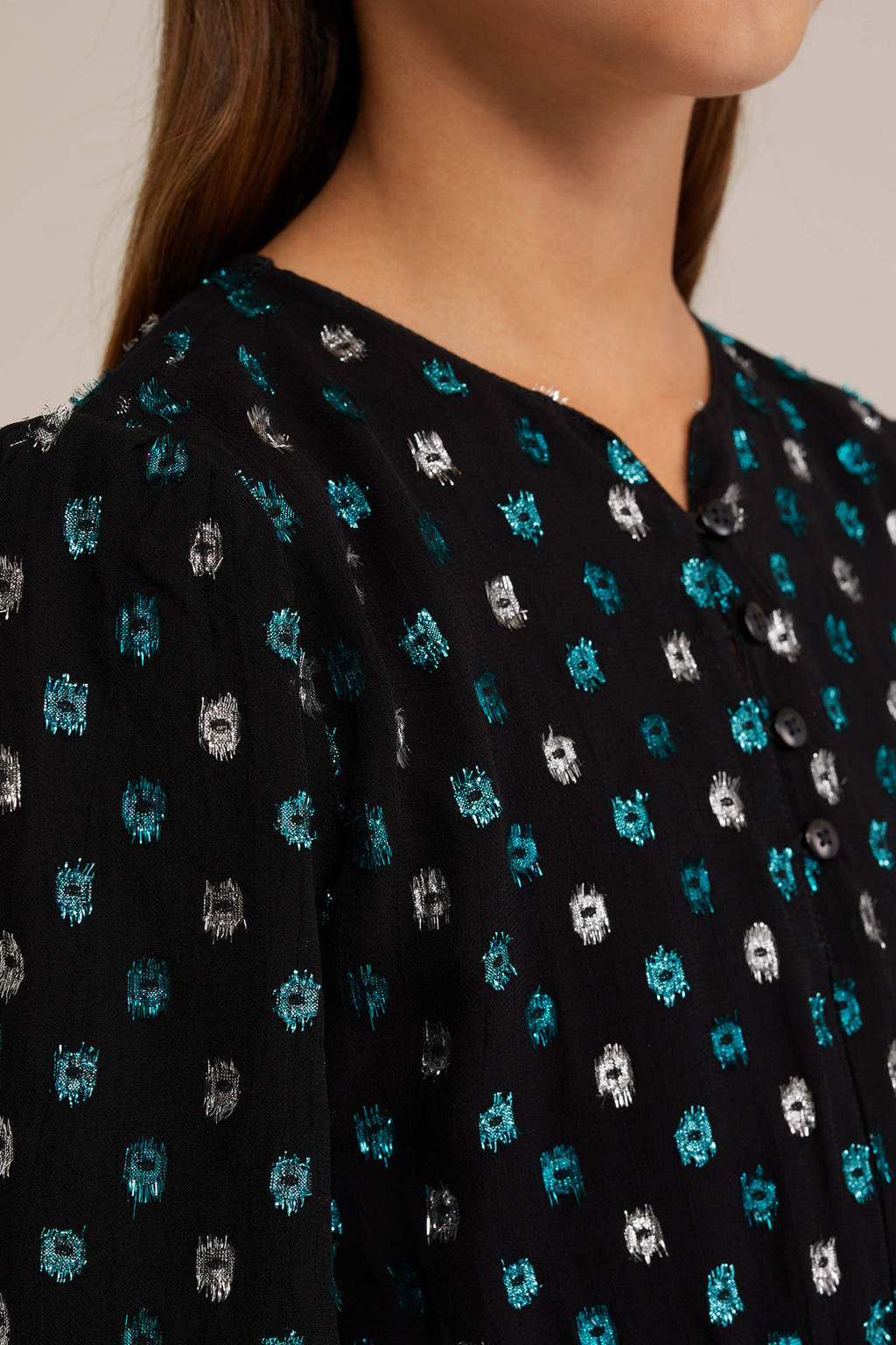 WE Fashion blousejurk met stippen en glitters zwart/blauw/zilver