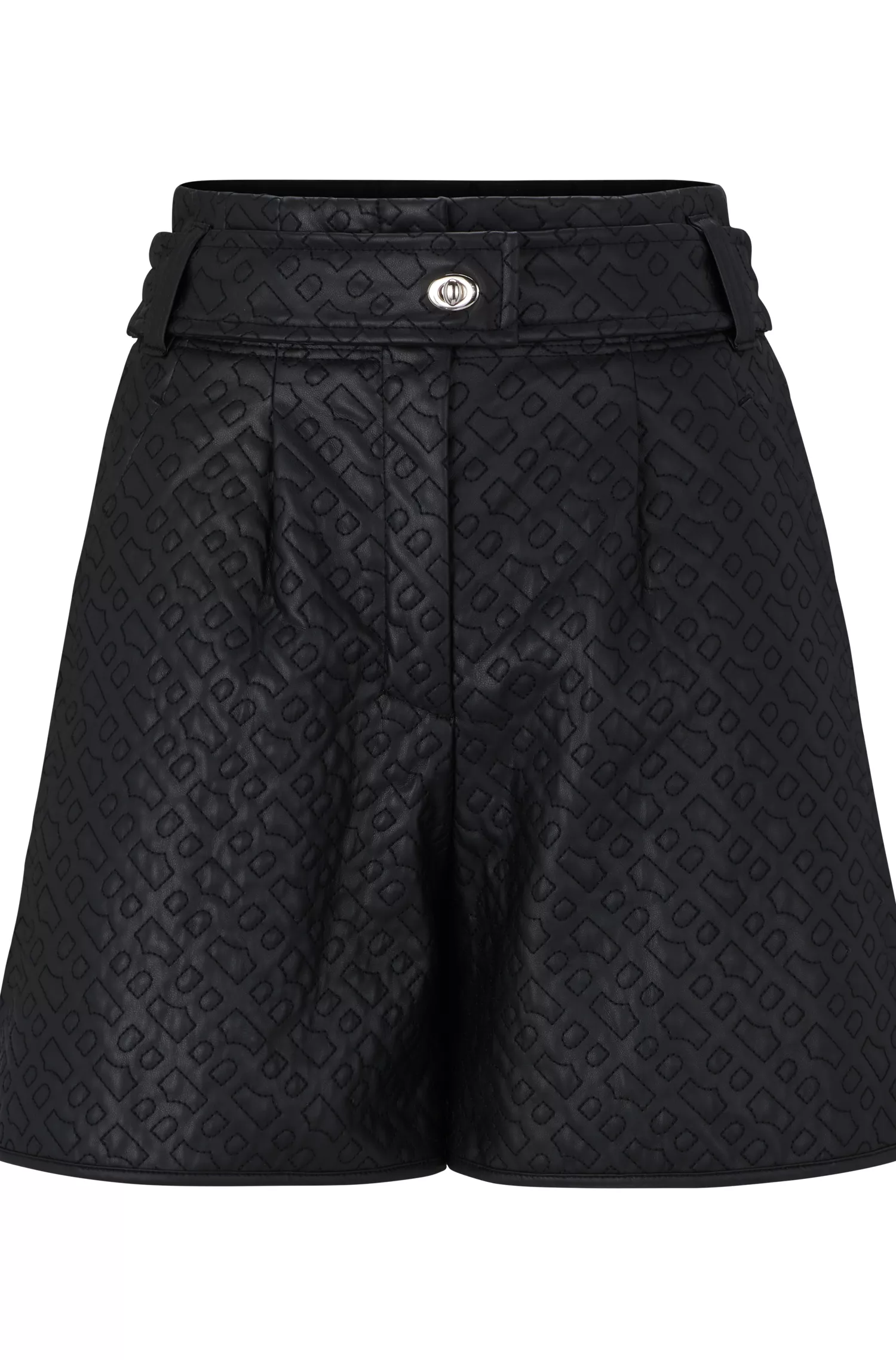 Shorts BOSS pretos de corte relaxado em couro sintético com monograma em relevo.