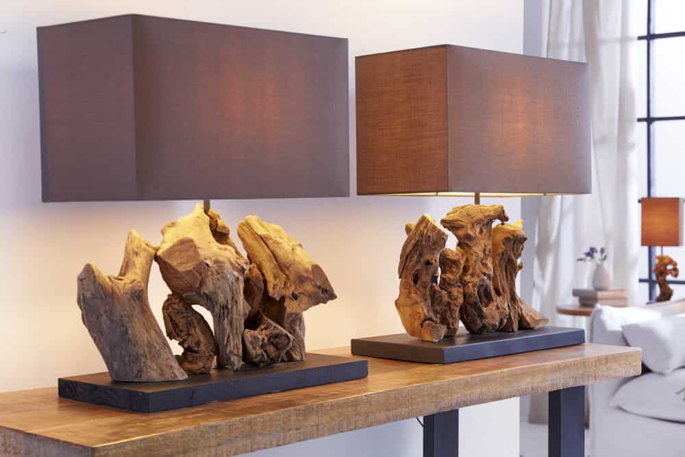 Handgefertigte Tischlampe ARAGON 50cm braun Treibholz-Fuß mit Leinenschirm