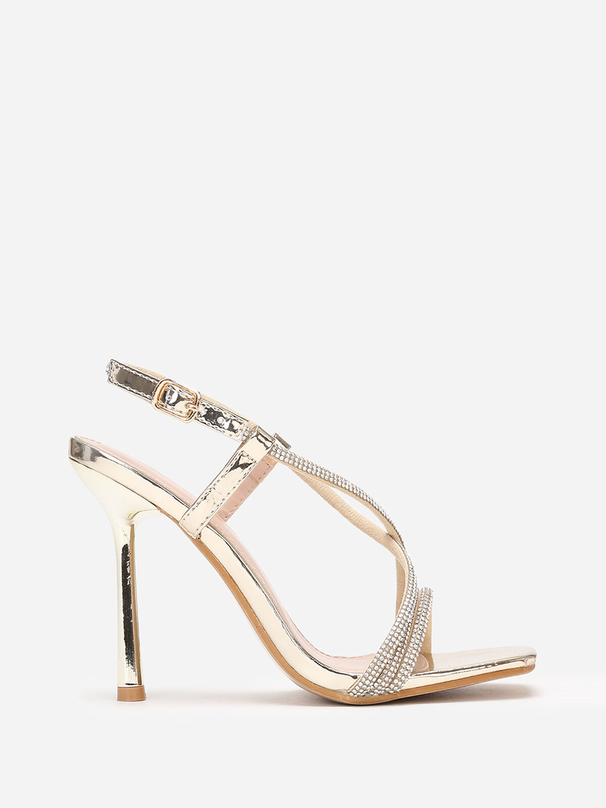 Sandales à talon fin et brides en strass- Doré