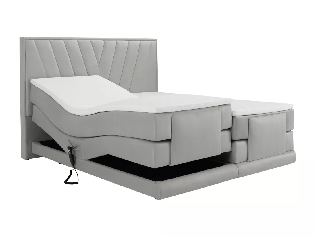 Ensemble complet boxspring tête de lit + sommiers relaxation électrique + matelas + surmatelas - 2 x 90 x 200 cm - Velours - Gris clair - LUMONI de YSMÉE
