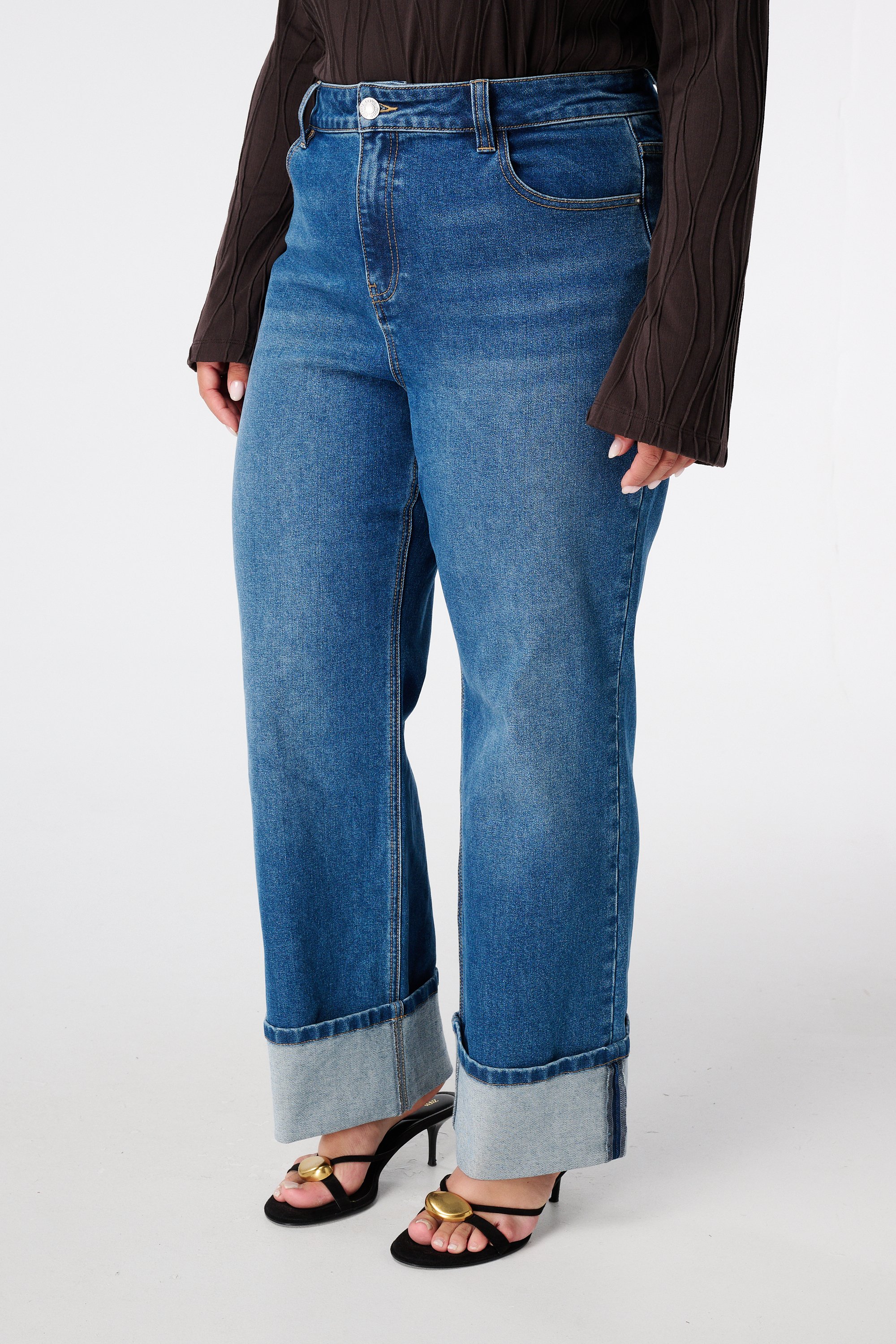 Wide leg jeans met omslag Stonewash Denim