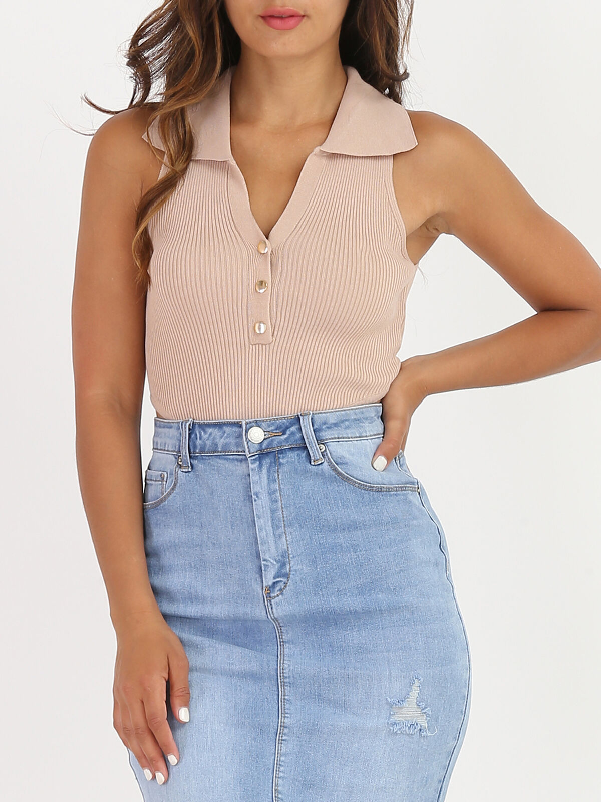 Body échancré à col polo- Beige