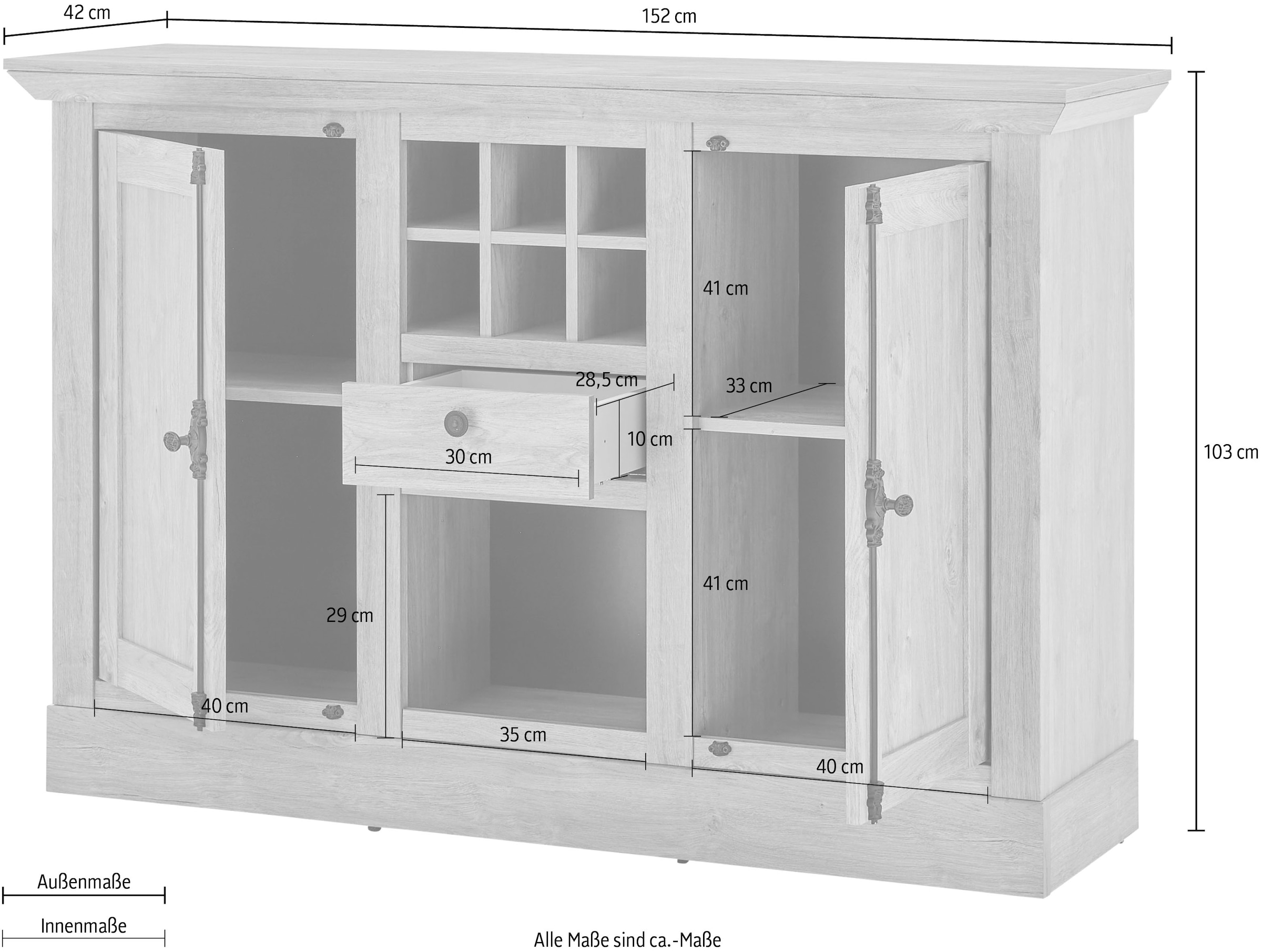 Home affaire Highboard »Cornwall, Kommode im Landhausstil, Schrank, Sideboard, Eiche Dekor« 1 Stk. tlg. verschnörkelte Metallgriffe, ausreichend Stauraum, 152 cm breit
