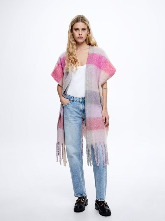 Poncho listrado com franjas - Rosa