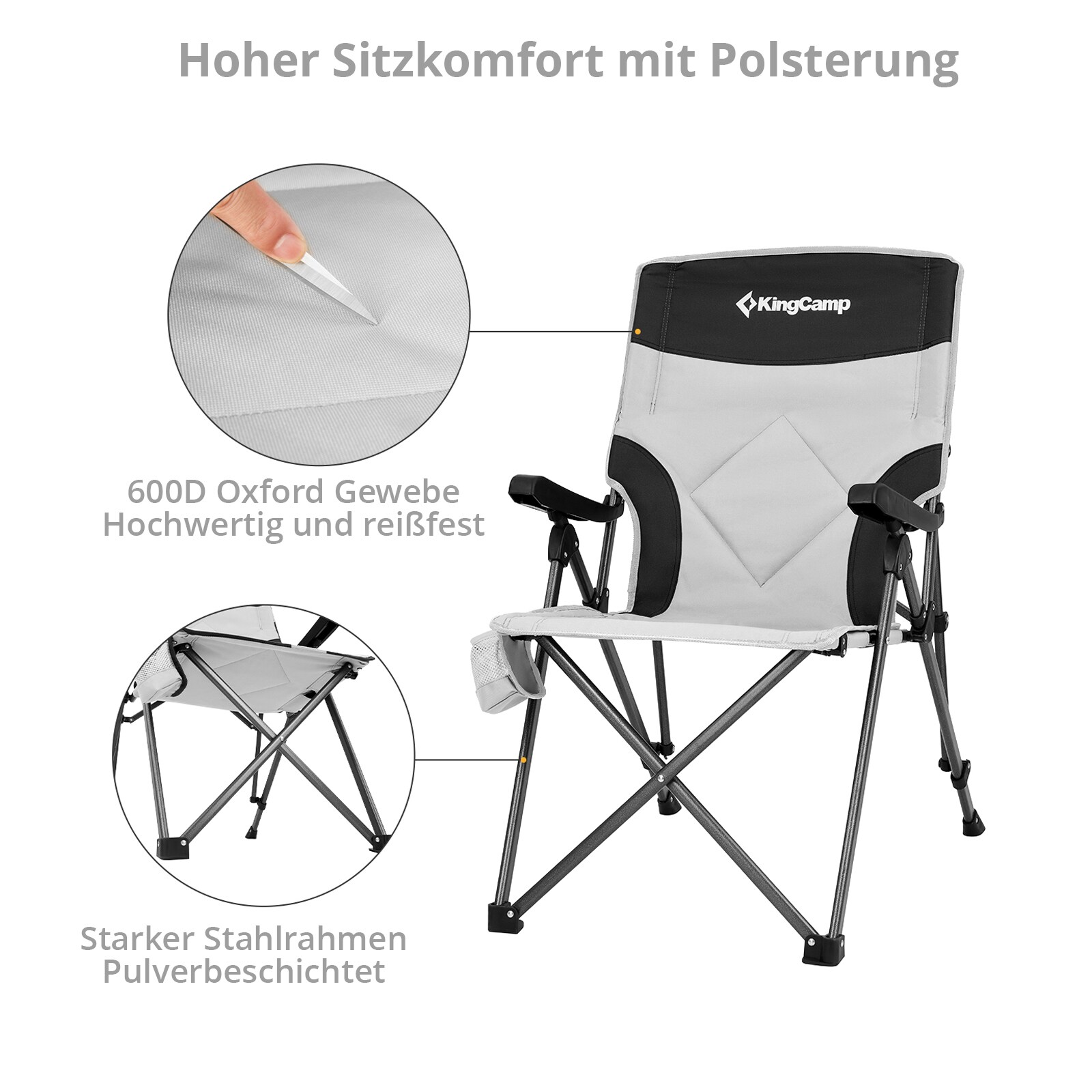 KINGCAMP Campingstuhl Pinedale Camping Klappstuhl Faltstuhl Stahl Verstellbar Farbe: Black/Light Grey