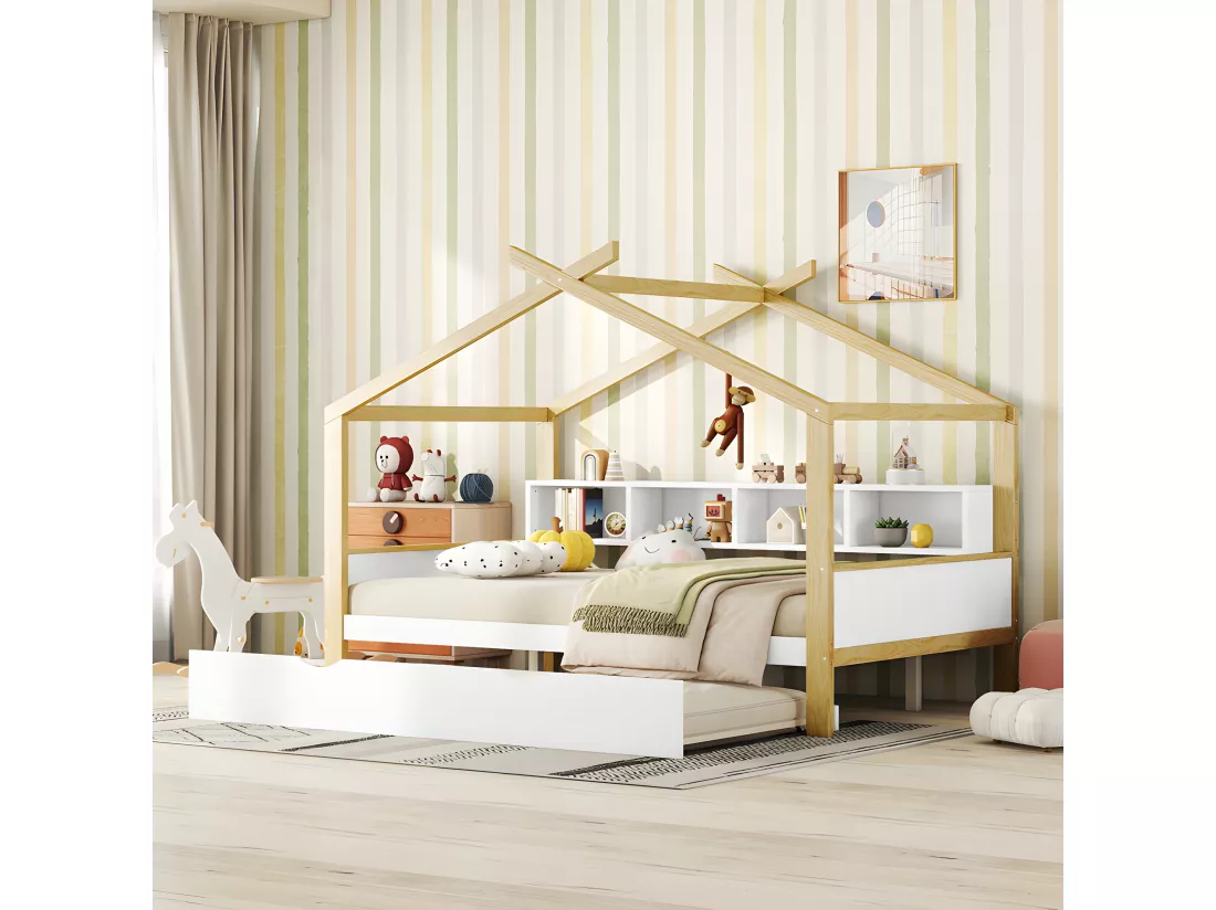 Lit enfant gigogne 140x200cm - 4 compartiments ouverts sur le lit - Blanc