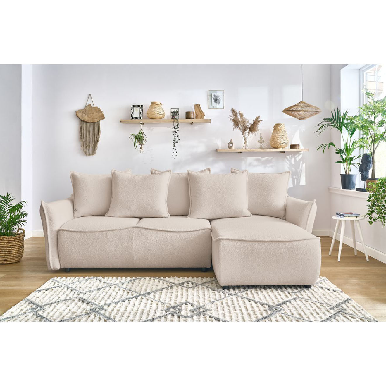 Bobochic Canapé d'angle droit convertible bouclette Léon beige - 242x158x90 cm
