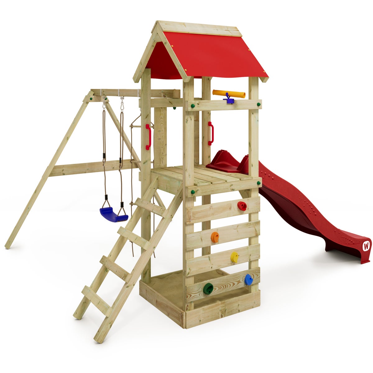 WICKEY FreeFlyer Speeltoren Klimrek met Schommel en Glijbaan, Klimtoren met Zandbak, Ladder en Speelaccessoires - Rood