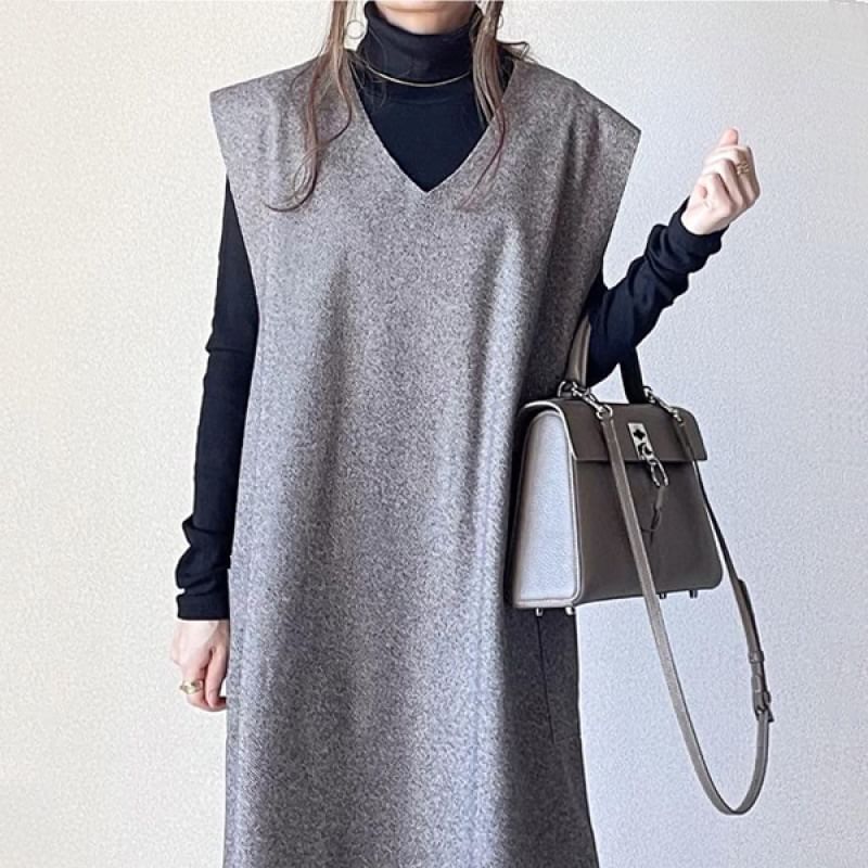 YARU - Set: Lange mouwen coltrui effen gebreide top + V-hals midi overall jurk