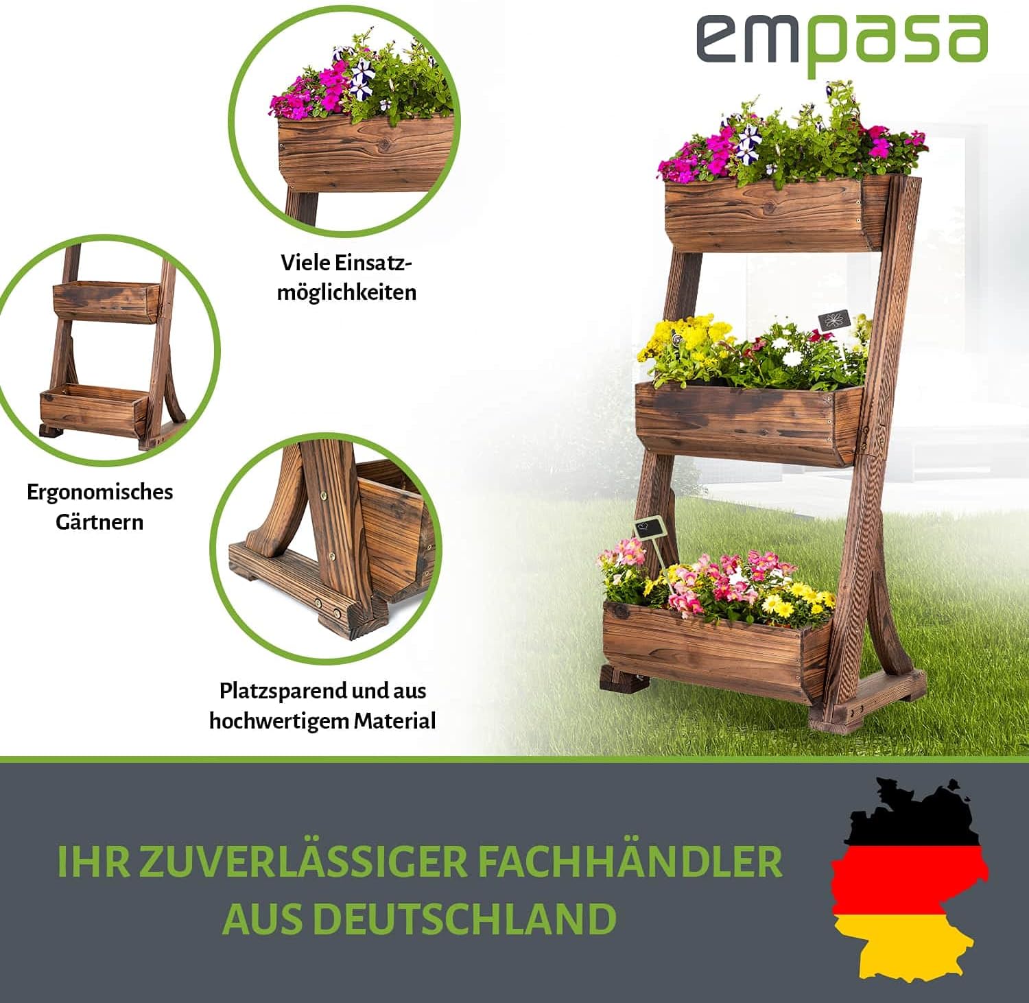 empasa Vertikales Hochbeet 'RAISE 3' Blumenkasten Pflanzkübel Frühbeet Kräuterbeet aus Holz mit drei Etagen, 62 x 47 x 117 cm