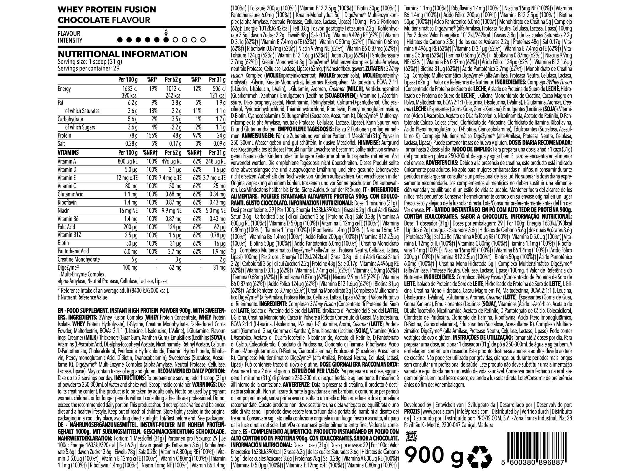 PROTEÍNA PROZIS WHEY FUSION CHOCOLATE 900G